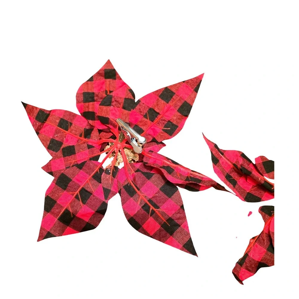 NWOT Christmas Poinsettia Flowers Artificial Clip‎ On Red Buffalo Plaid